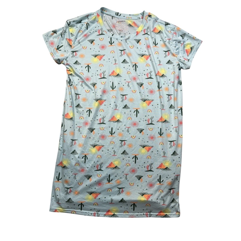 Joyspun Desert Southwest Cactus Print T-Shirt Dress Blue S-M Southwestern Cozy